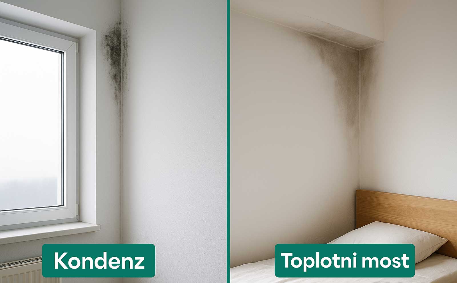 Plesen v vogalih: kondenz na hladnem vogalu in madež zaradi toplotnega mostu.